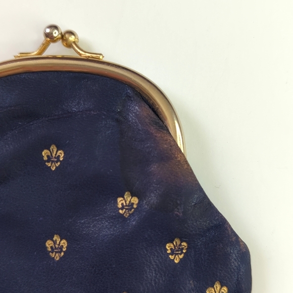 80's Vintage Fleur-De-Lis Embossed Leather Coin Pouch Change Purse Navy Gold - Picture 8 of 8